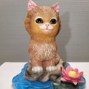 Purr-fectly Happy Adorable Brown Cat Figurine with Pink Flower